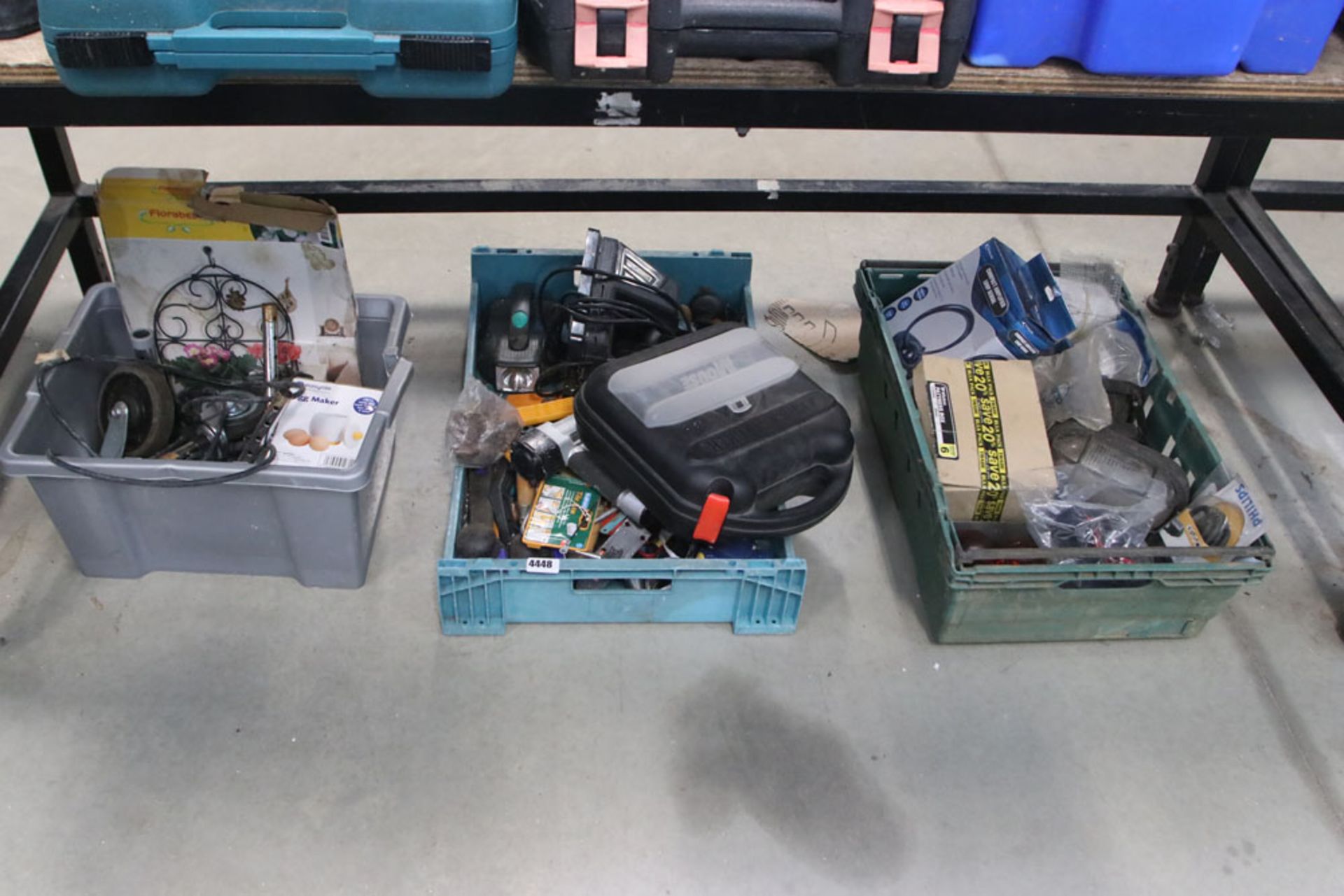3 trays of various tools, castors, aerials, bulbs etcc