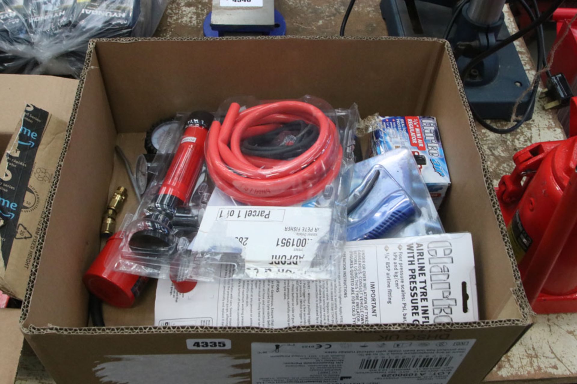 Small box containing Clarke mini air regulator, Siphon pump, digital multi meter, glass cutter, blow