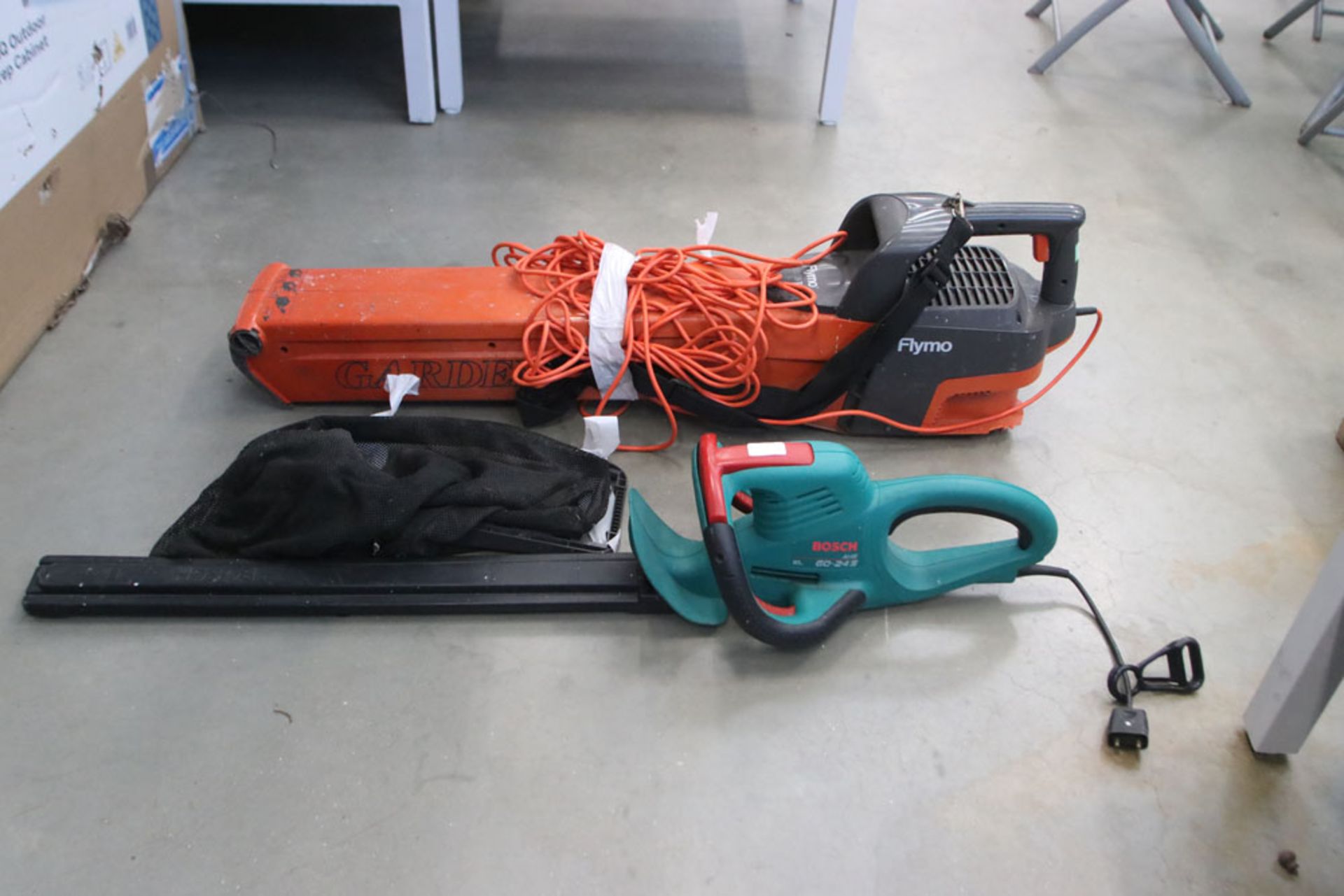 flymo blow vac and a Bosch electric hedge cutter