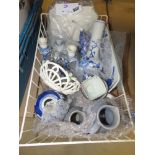 Basket containing candlesticks, blue and white china and jugs