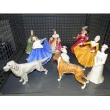 Cage containing Royal Doulton and Coalport lady figures plus 2 figures of dogs