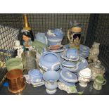 Cage containing a large quantity of jasperware plus ornamental figures, character jug and a beer