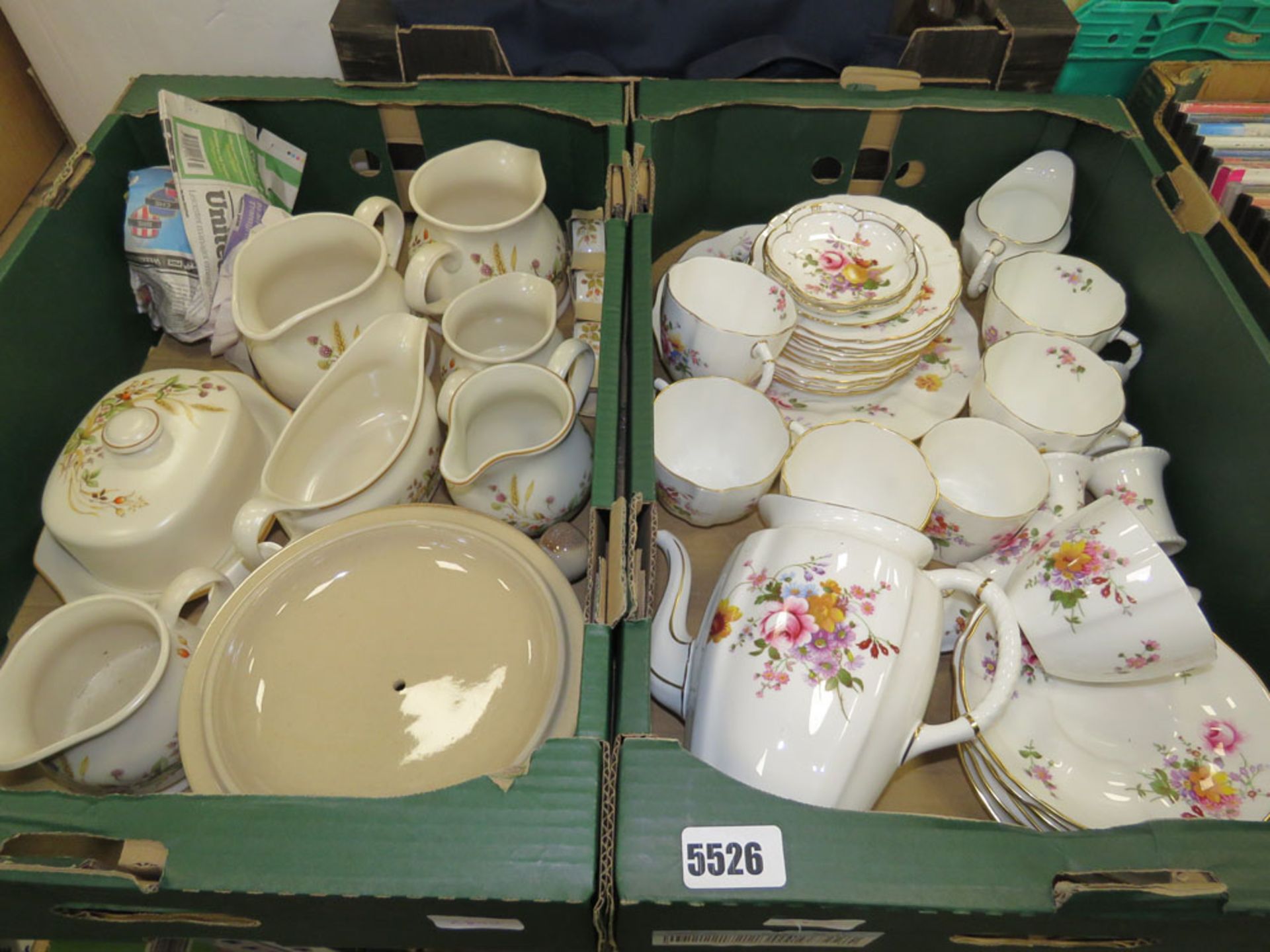 2 boxes containing harvest and Royal Crown Derby Yates patterned crockery