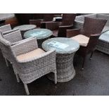 2 piece rattan bistro set comprising circular coffee table, grey rattan chair and brown rattan chair