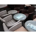 2 piece rattan bistro set comprising circular coffee table, grey rattan chair and brown rattan chair