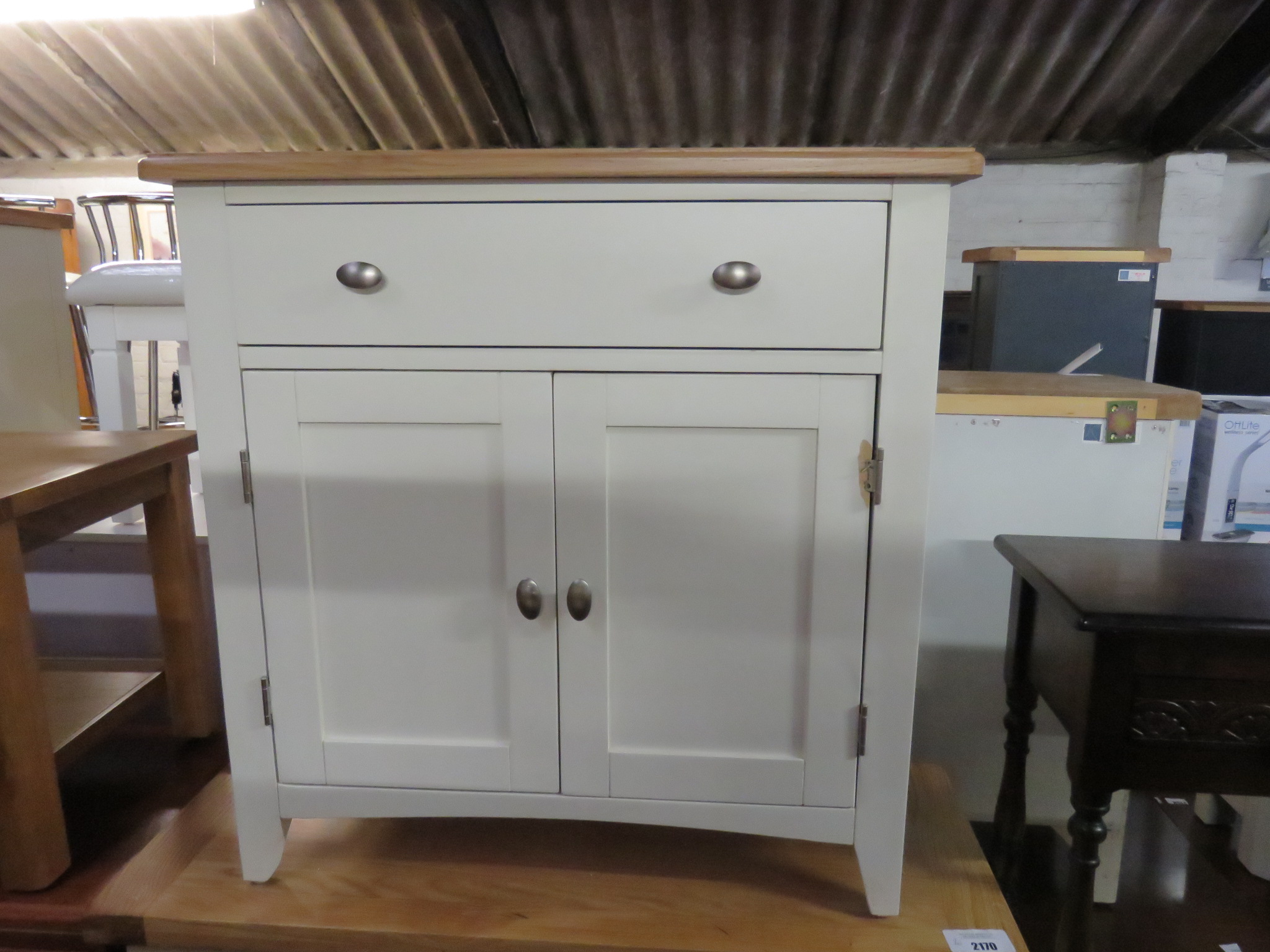 (2003) Off-white cupboard with single drawer and light oak surface (significant damage to right door