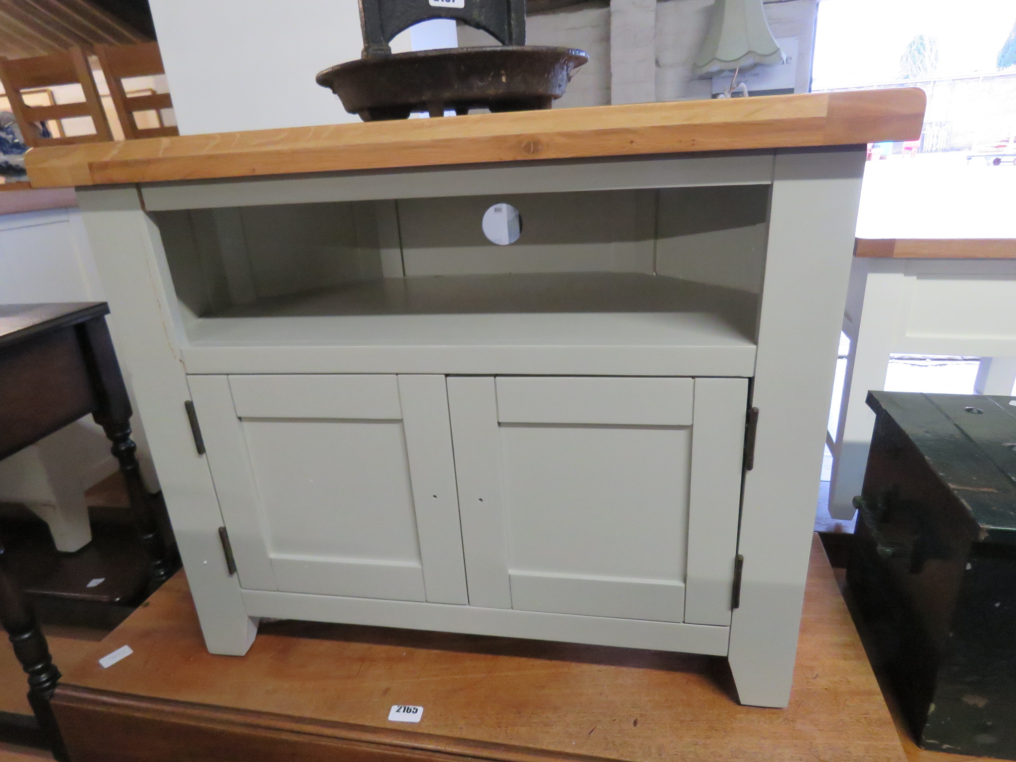 (18) Sage coloured entertainment stand with light oak surface (lacking door handles and