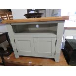 (18) Sage coloured entertainment stand with light oak surface (lacking door handles and
