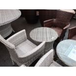 2 piece rattan bistro set comprising circular coffee table, grey rattan chair and brown rattan chair