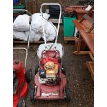 Mountfield petrol lawn mower with grass box and plastic red jerry can