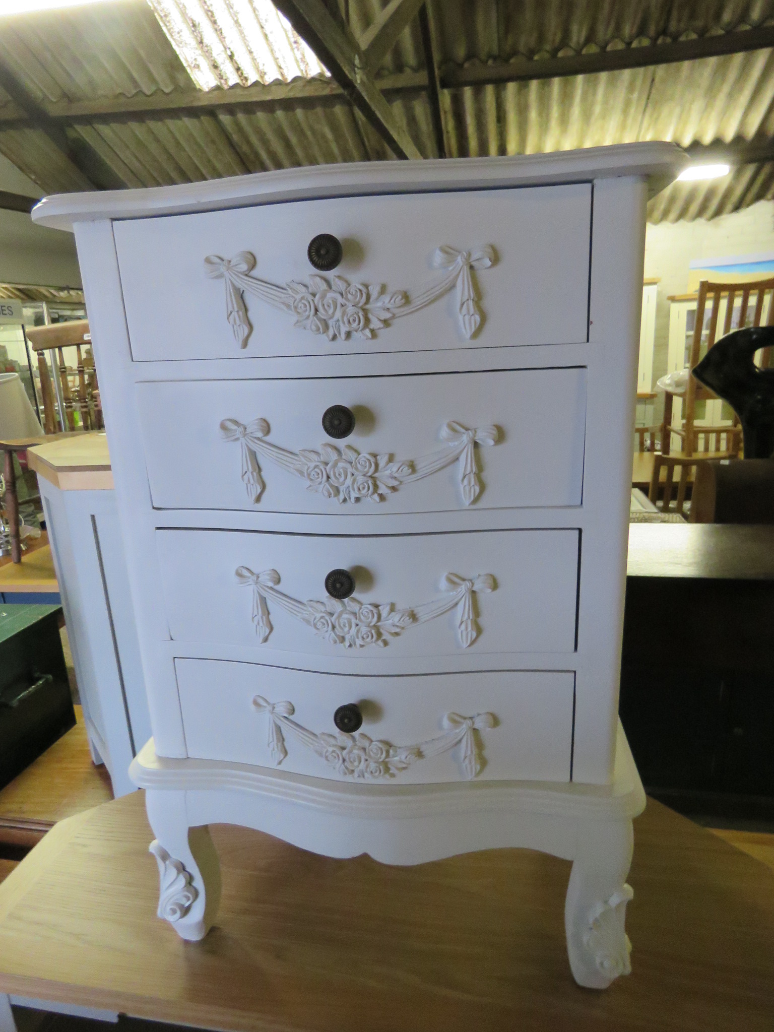 Ornate white 4 drawer bedside