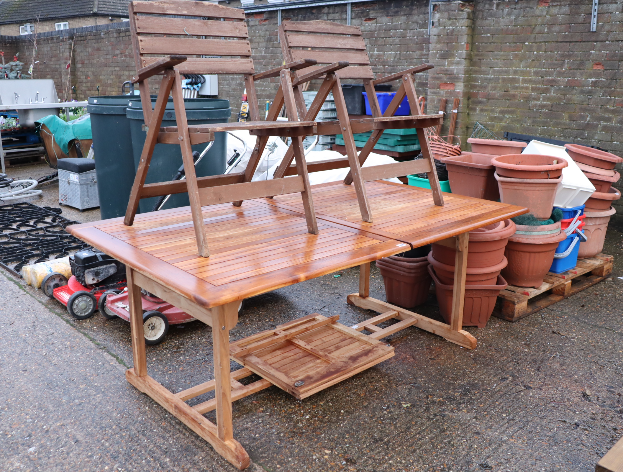 Teak square top garden table with 2 wooden folding chairs