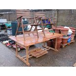 Teak square top garden table with 2 wooden folding chairs