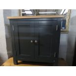 (18) Dark blue cupboard with light oak surface, width 750