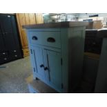 (4) Grey small 2 door cupboard with drawer and oak top