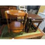 Dark oak coloured nest of 2 occasional tables with 2 tier yew serving trolley