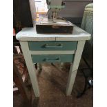 Green painted 1950s table with 2 drawers