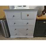 (2102) Light grey chest of 2 over 3 drawers with significant damage to upper right drawer