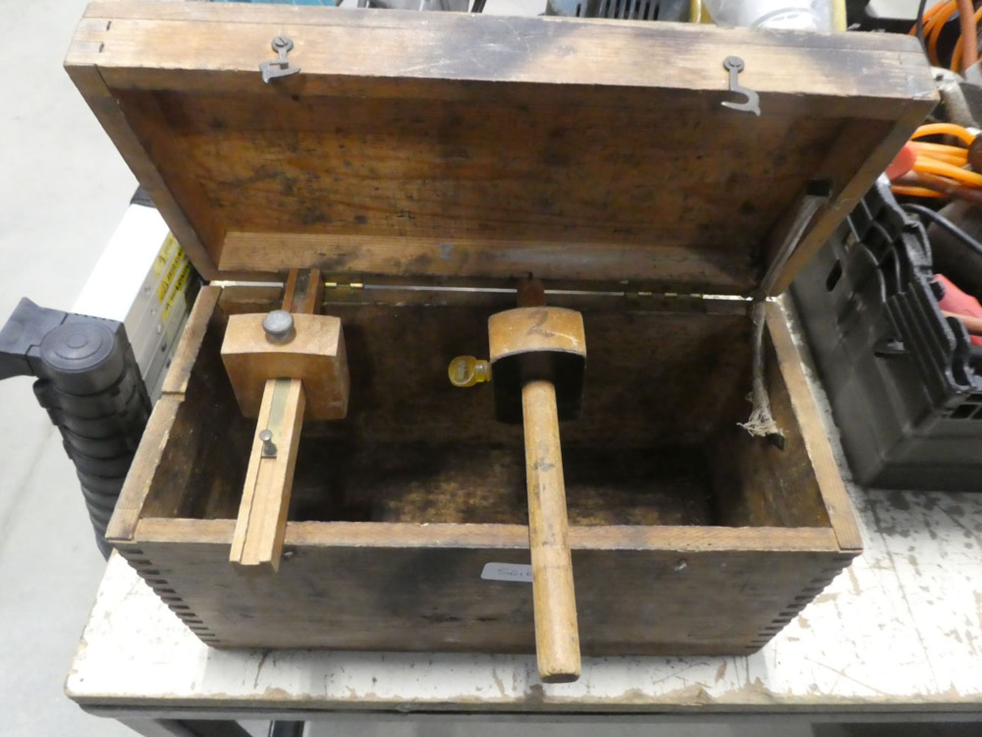 Small wooden box containing 2 marking gauges