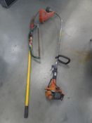 Small petrol powered strimmer, bow saw, and lopper