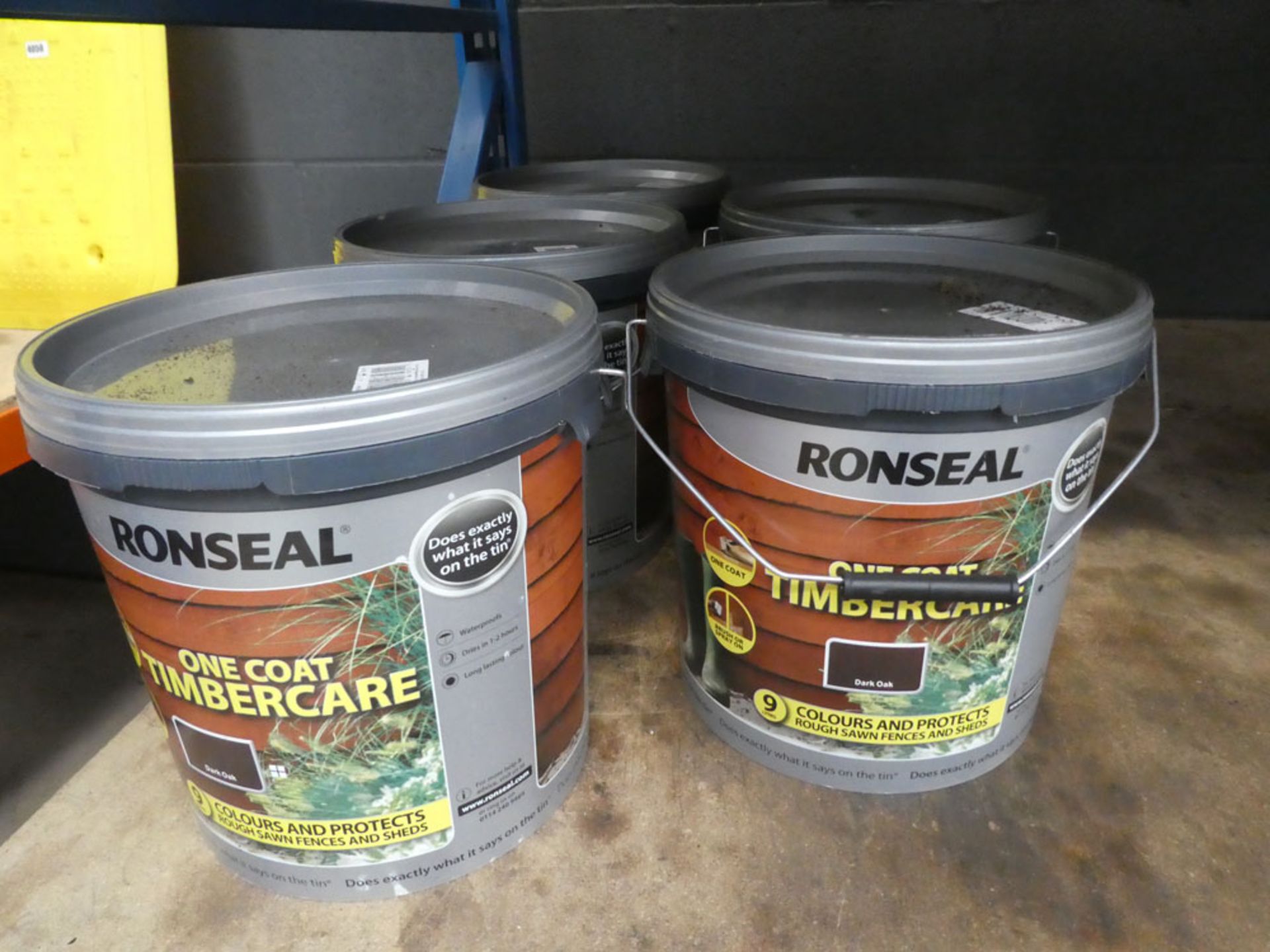 5 tubs of Ronseal one coat dark oak fence paint