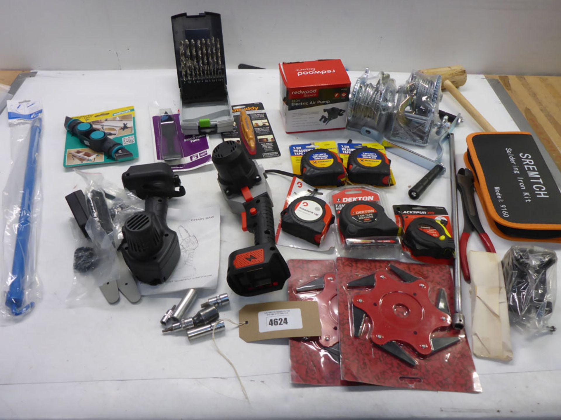 Soldering iron kit, Festool drill bit set, winches, air pump, Chain saw, tape measures, snips,