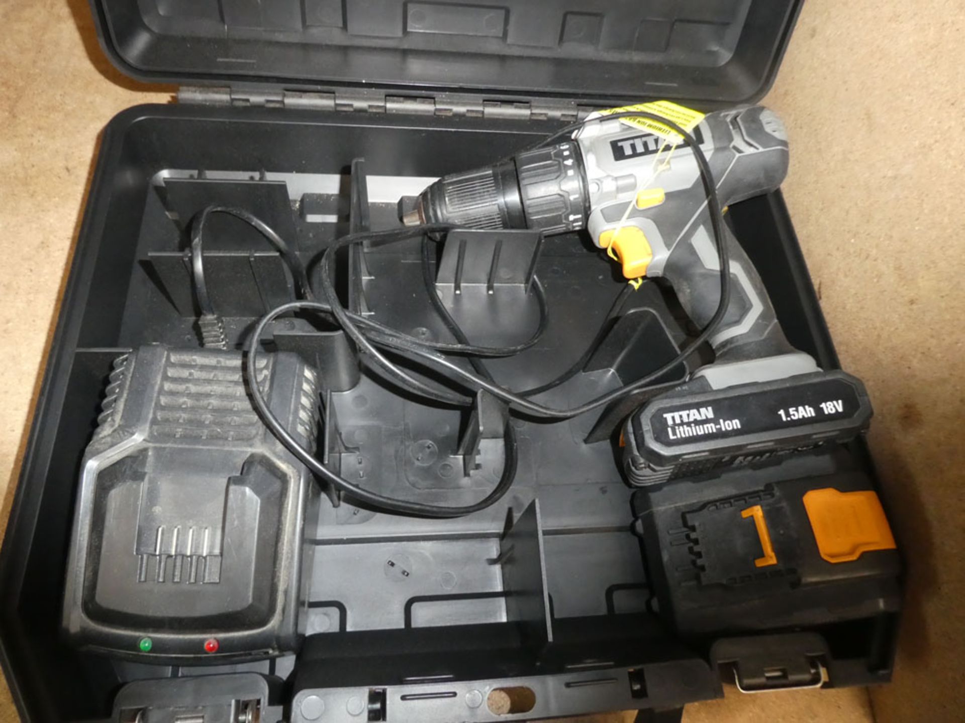 Titan battery drill in Dewalt box with 2 batteries and charger