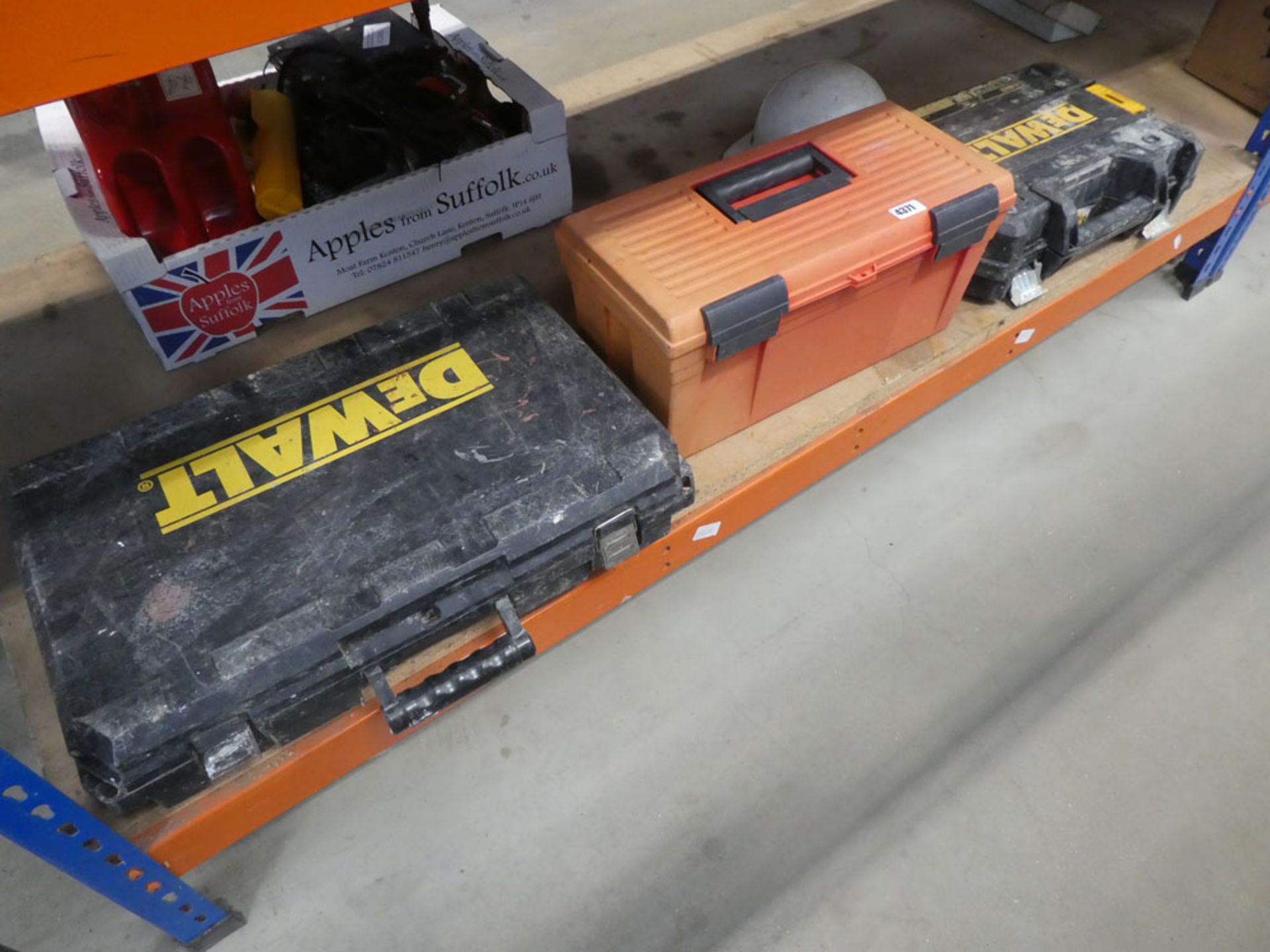 2 small Dewalt drill boxes (no drills) and small orange toolbox