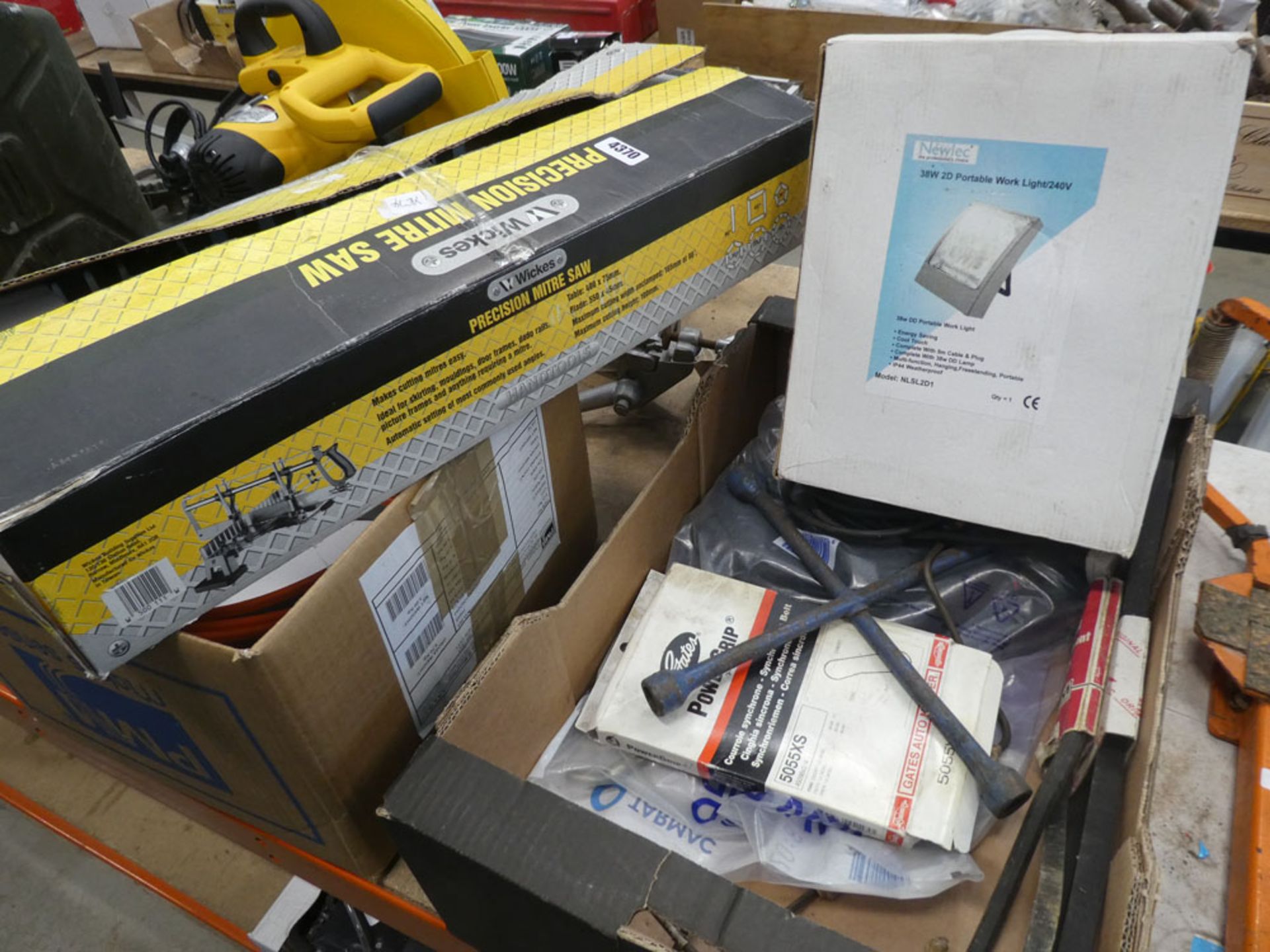 Mitre saw, worklight and quantity of spares and car parts