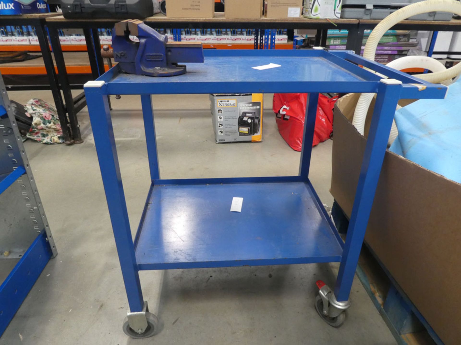 Small blue 2-shelf trolley with small vice