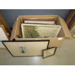 Box containing paintings and engravings to inc. windmill and estuary, country scene with river,
