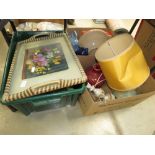 Three boxes containing kitchen mixing bowls, letter rack, ornamental figures, a quartz clock plus