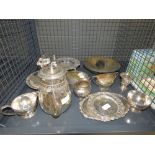 Cage containing silver plate to include dishes, teapot, sugarbowl and milk jugs