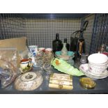 Cage containing a ladies handbag, gin bottles, coffee mugs, photographs, wristwatches, barometer,