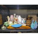 Cage containing a quantity of dishes, candleholders, paperweight plus vases, milkjug and general