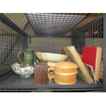 Cage containing books, small wicker basket, treen, playing cards, Royal Doulton jug, floral-