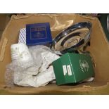 Box containing a silver-plated bonbon dish, glassware, Kowloon crockery, mugs and Royal Worcester