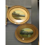 2 Victorian oils; lake with church plus woodland and hills