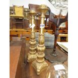 Pair of gold painted candlesticks plus a tripod wine table (as found)