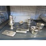 Cage containing silver plate and silver to include sugar shaker, goblet, bowls, cigar cases, and