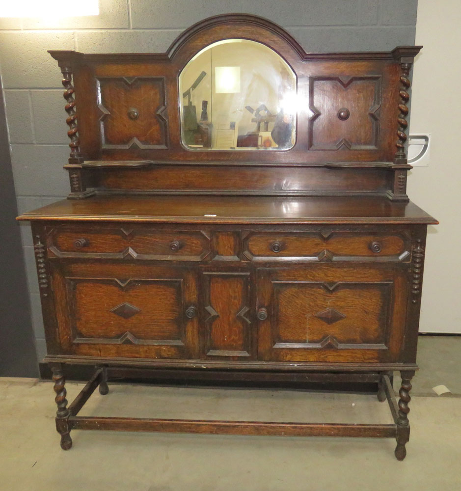 Oak mirror backed sideboard with barley twist columns