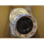 Box containing quantity of Copeland floral patterned crockery, meat platter and 2 bowls