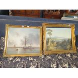 2 oils on canvas, sailing ships at sea plus rural scene with figures in foreground