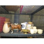 Cage containing Beswick figure of a horse plus coffee cups, jugs and plates
