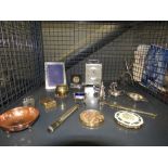 Cage containing a set of fishing scales, lighters, silver-plated salt & pepper pots, wristwatch,