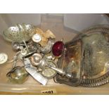 5551 Box containing silver-plated dishes and trays plus candlesticks and posters