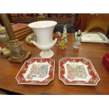 Wedgwood urn plus two hand painted Chinese plates