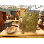 Quantity of brass and copperware to include firescreen, warming pan, magazine rack, kettle and vases