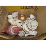 Box containing Chinese teapot, various cups & saucers and china