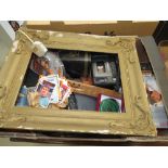 Box containing picture frame, football cards, radio, plus cassette player, book and housewares